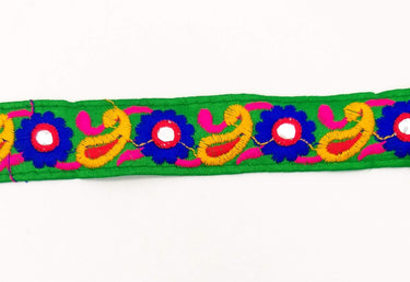 Green Floral Mirrored Trim With Royal Blue Flowers And Yellow Paisley Embroidery, Decorative Trimming, Trim By 3 Yards